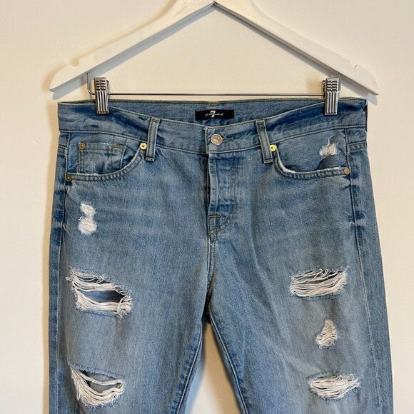 7 For All Mankind 7FAMK Light Wash Destroyed Button Fly Jeans - Picture 3 of 6